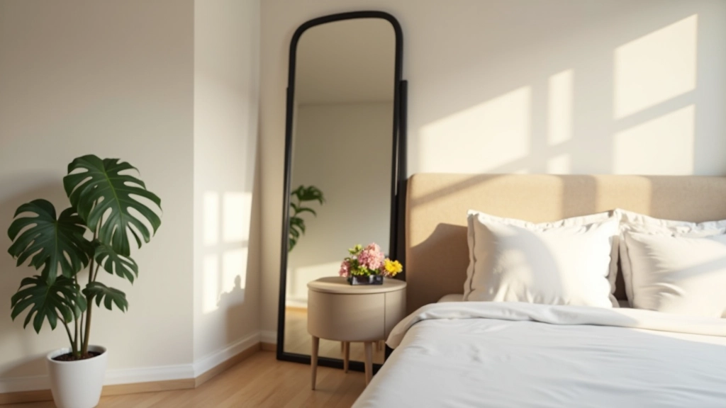 Styled bedroom corner with large mirror reflecting light, potted plant, minimal bedding in neutral tones, soft layered lighting