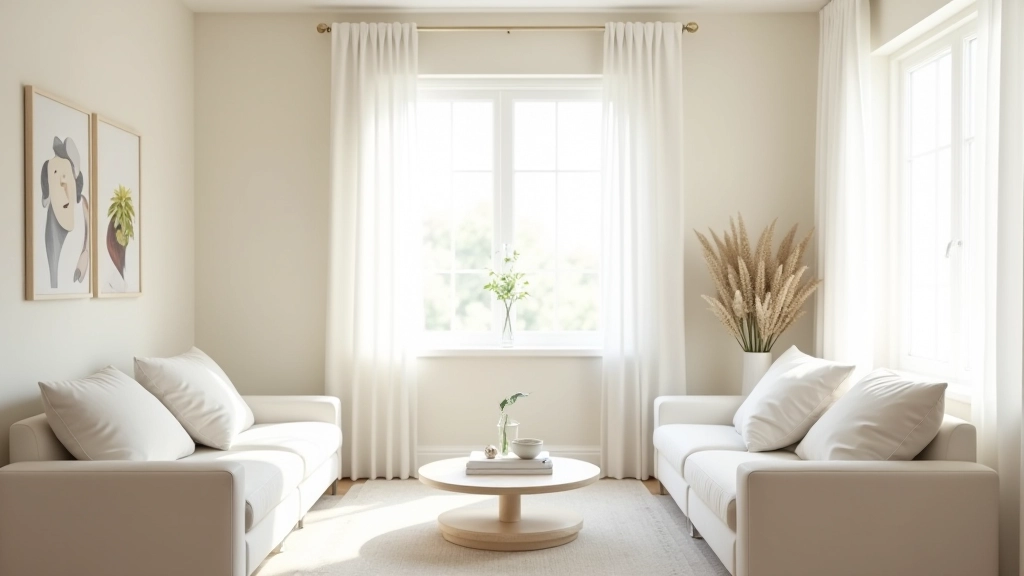 Bright living room with cream walls, large window, minimal white furniture, and natural daylight streaming through sheer curtains