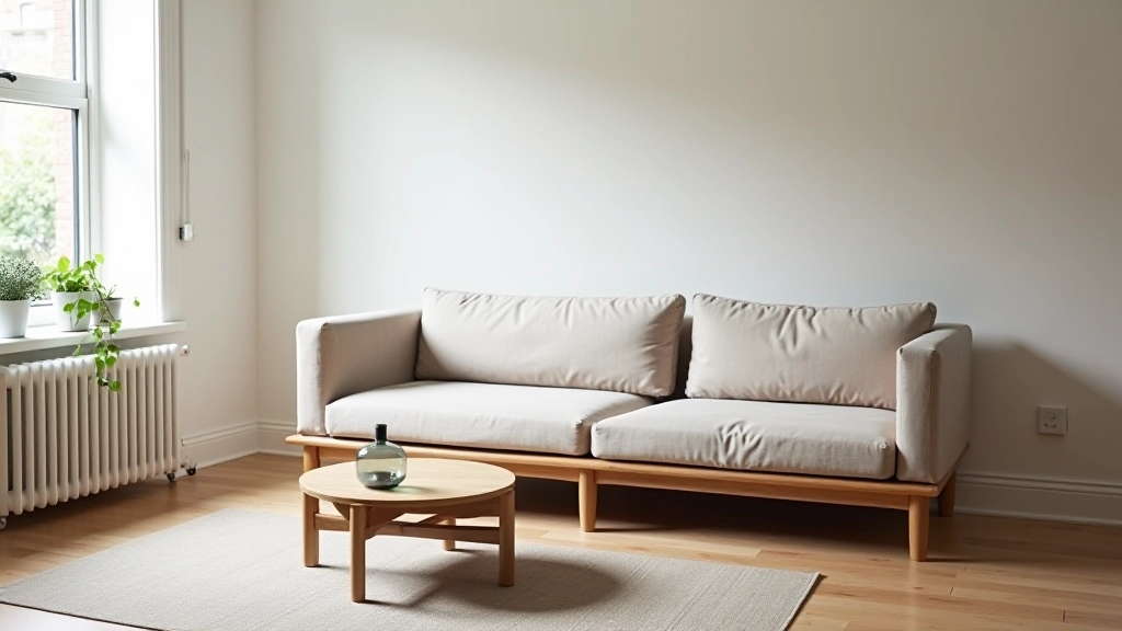 Compact living area with low-profile sofa against window, elevated furniture showing floor space, wooden storage unit, clean uncluttered layout