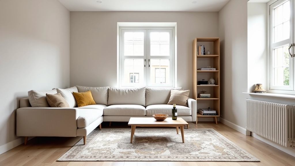 Compact London living room with floating furniture arrangement showing clear zoning through rug placement and furniture positioning