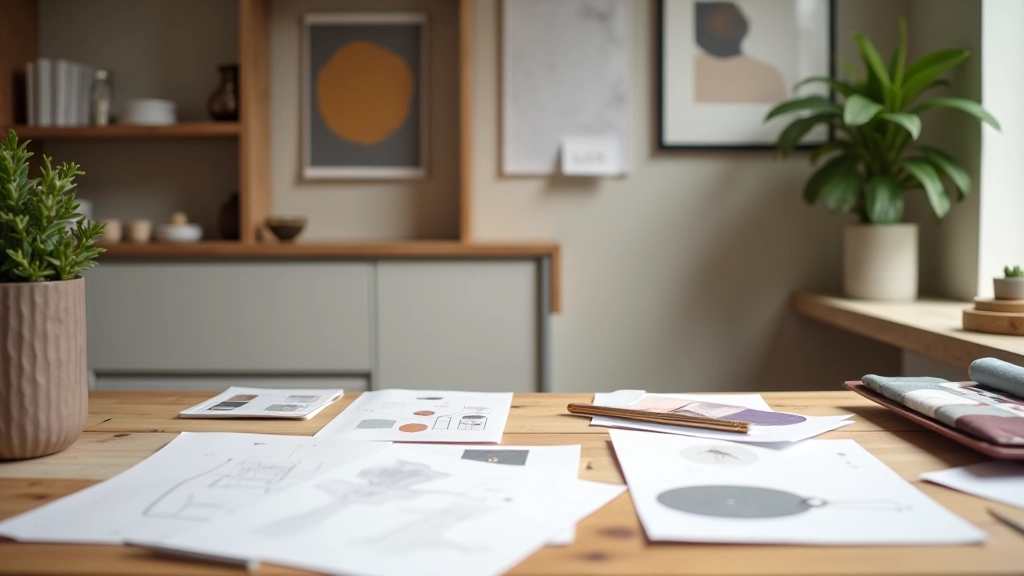 Interior design studio workspace with design materials and samples