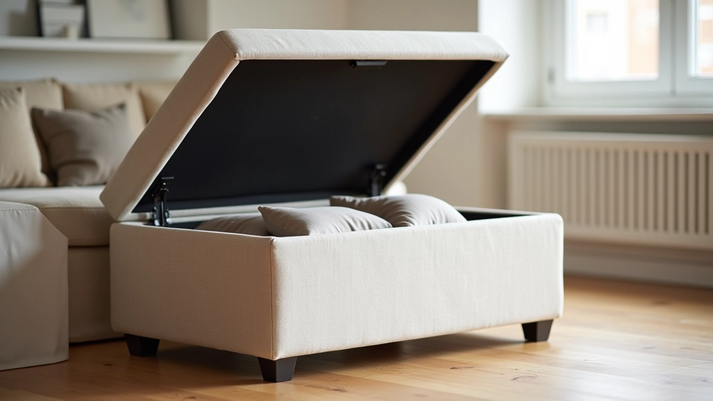 Multifunctional storage ottoman in London flat being used as both seating and hidden storage for office supplies