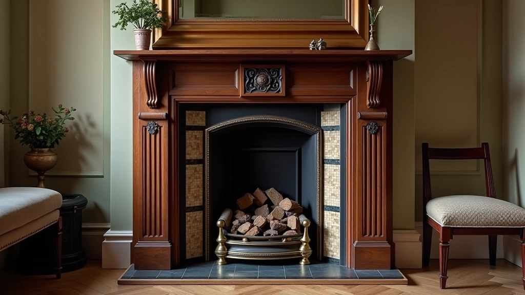 Period fireplace with original tilework and ornate mantelpiece in restored heritage home
