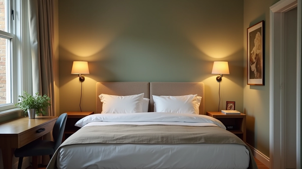 London flat bedroom-office with layered lighting including wall sconces, desk lamp, and soft ambient lighting creating distinct functional zones