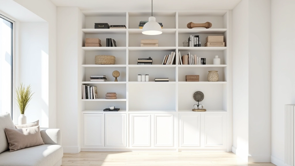 Floor-to-ceiling shelving in London flat maximizing vertical storage space with organized books, decorative items, and hidden storage boxes