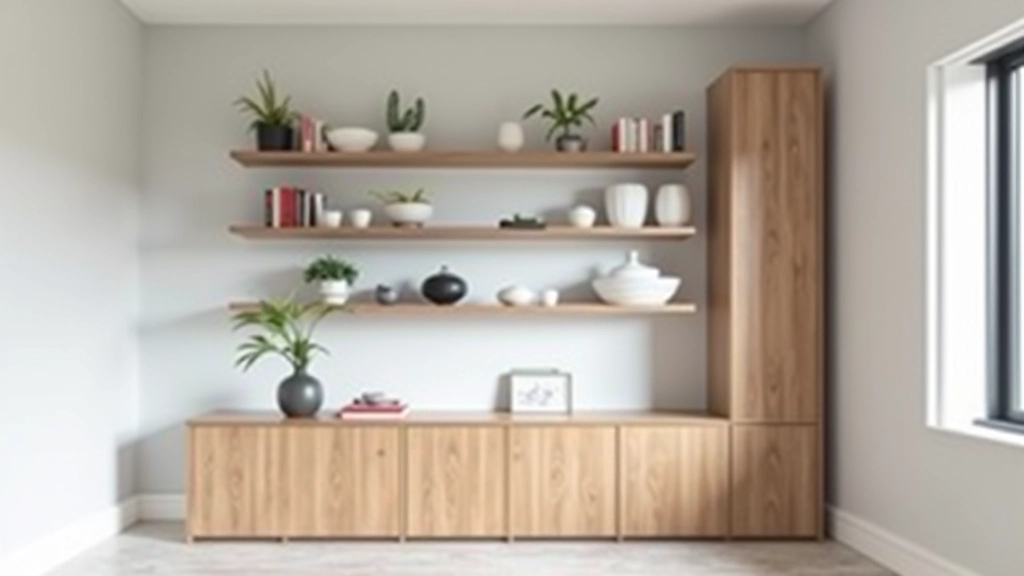 Wall-mounted floating shelves displaying books and decorative items, tall wooden cabinet beside window, minimal styling with negative space, organized storage